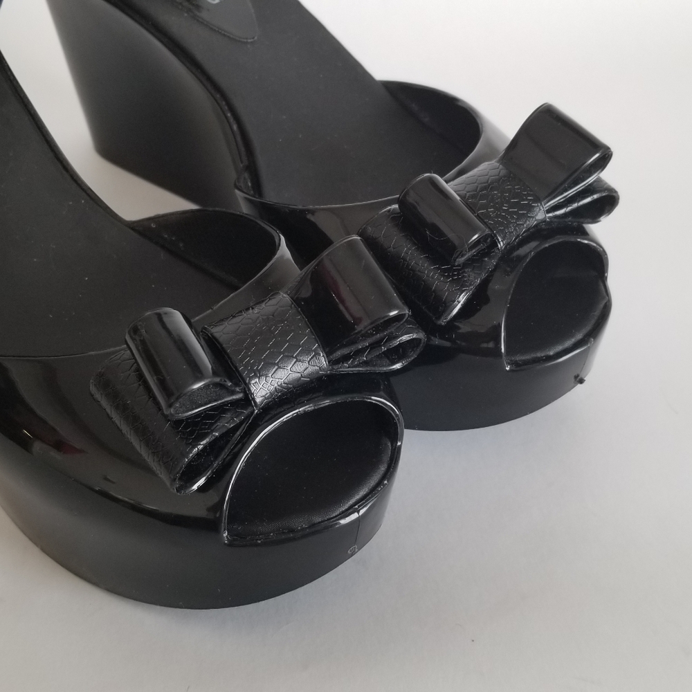 SOLD Call It Spring Shiny Black Jelly Wedges Sz. 9